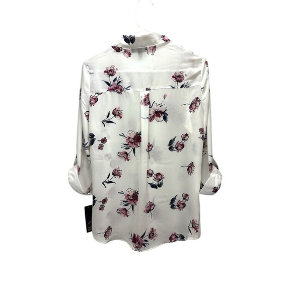 New BCX Floral Button-Down Blouse With Roll-Up Sleeves Medium White Pink Sheer - Picture 2 of 11
